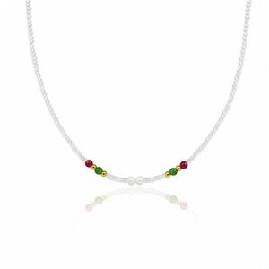 Beaded Quartz Necklace with Red and‎ Green Accent Beads, Gold Details